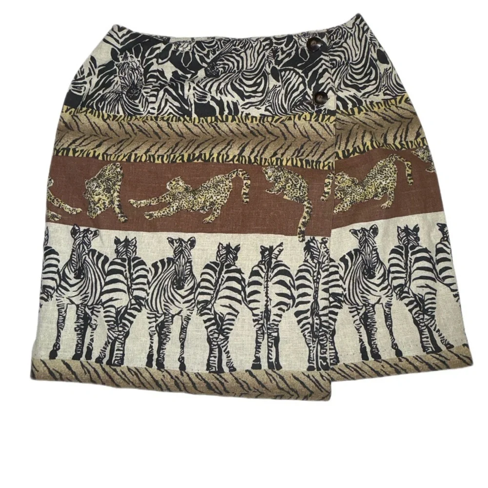 Vintage Stonebridge Petites Safari Print Skirt Size 8P Made USA Cotton Linen